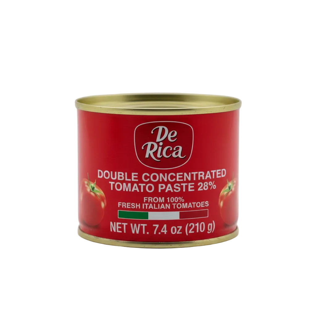 Can of De Rica double concentrated tomato paste on a white background