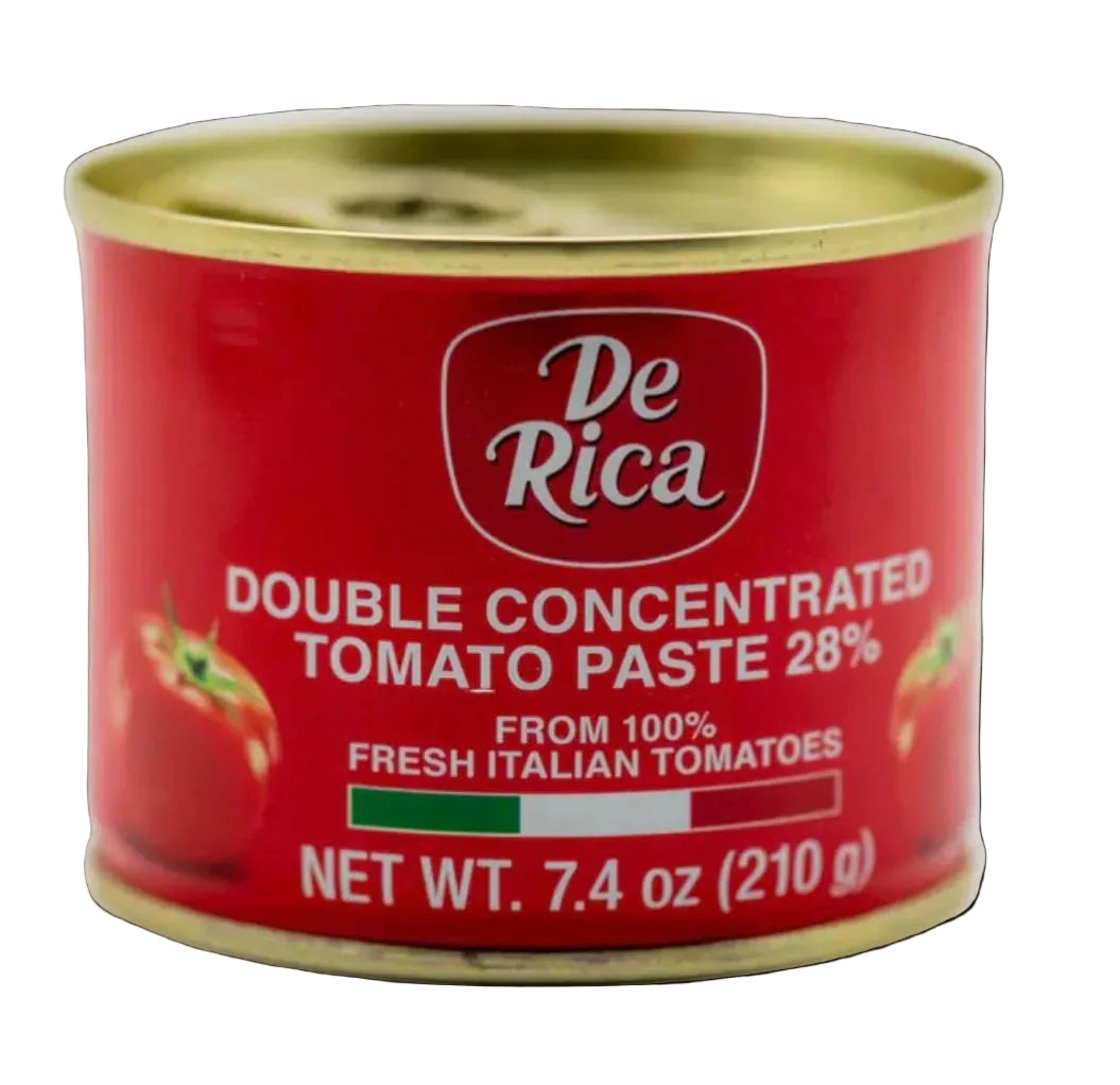 Can of De Rica double concentrated tomato paste on a white background