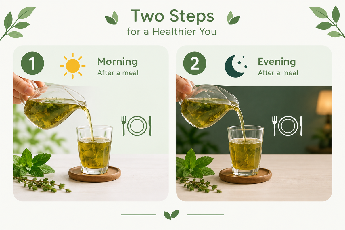Preparation guide: one glass morning after meal, one glass evening after meal